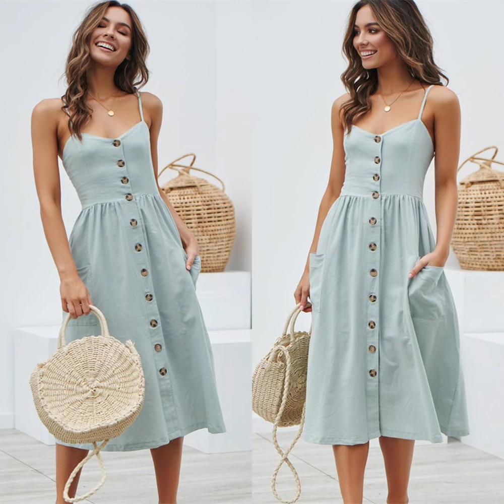 Платье женское хлопковое средней длины на пуговицах с карманами | Женская одежда