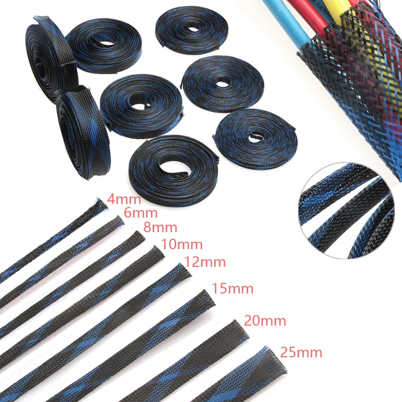 

Blue&Black Insulation Braided Sleeving 4/6/8/10/12/15/20/25mm Tight PET Expandable Cable Sleeves Wire Gland Cables Protection