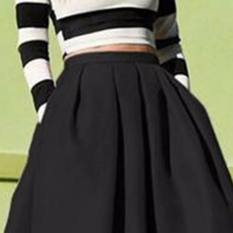 New Female Fashion Street Style Women's Skirt Solid Casual Flare High Waist Pleated Pockets Vintage Skirts