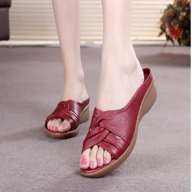 Women Genuine Leather Shoes Casual Summer Shoes Women Flip Flops Slip-On Med Heel Wedges Slides Sandals Plus Size 35-42