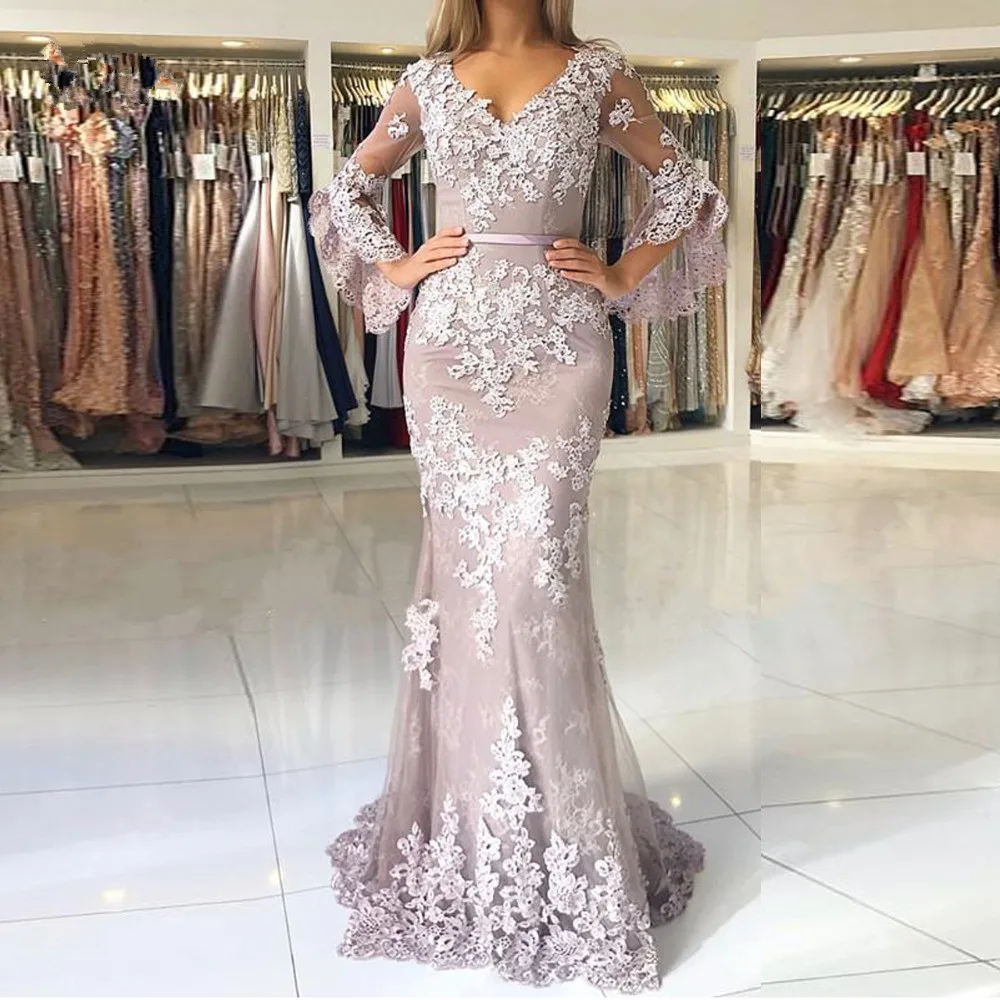 

Lilac Muslim Evening Dress with Sleeves vestidos largos Lace Beaded Islamic Dubai Lebanon Mermaid Elegant Long Evening Gown 2019