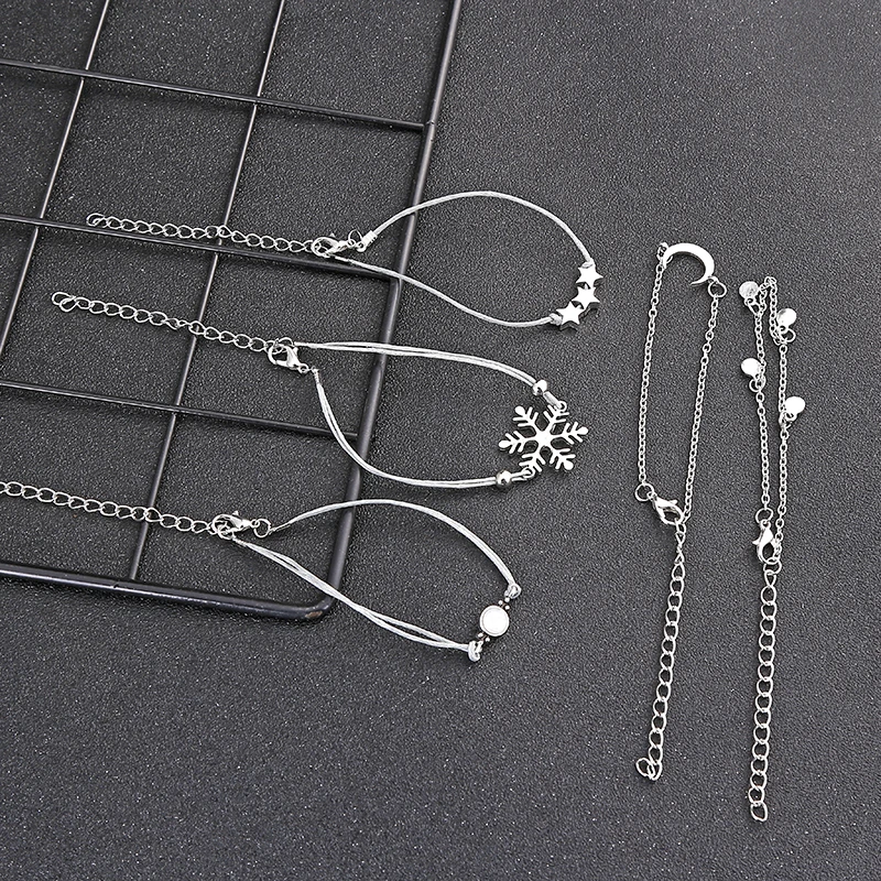 YAOLOGE 5 Pcs/ Set Punk Snowflake Moon Star Crystal Rope Chain Multilayer Pendant Couples Bracelet Charm Girl Jewelry Gift | Украшения и