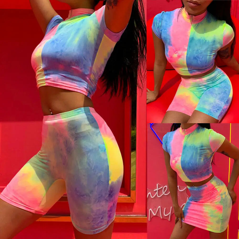 Casual Tie Dyeing Print Women Two Piece Sets Fashion Leisure Party Outwear Tracksuit Stretch Crop Top And Shorts Matching Set | Женская