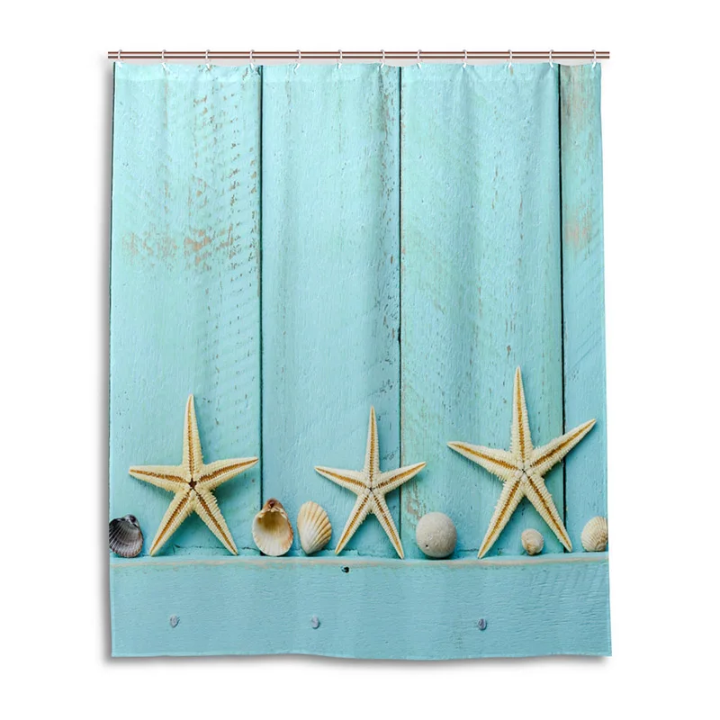 Waterproof Shower Curtain Sea Shell Starfishes Pattern Bathroom Screen Fabric Bath Curtains with 12 Hooks