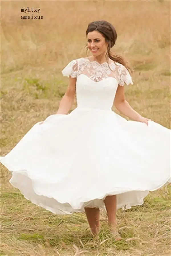 Дешевое свадебное платье с коротким рукавом 2020 Короткое высоким воротом Vestido De