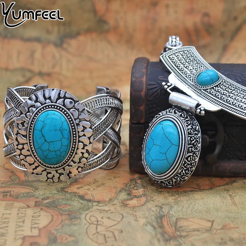 Yumfeel тибетское серебро с синтетическим камнем браслеты Модные Винтажные Ювелирные изделия для женщин Подарки