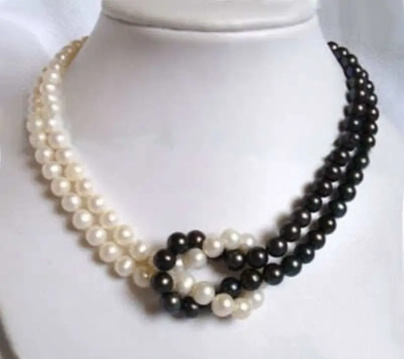

FREE SHIPPING>>>@@ > New 22 2Rows 7-8mm white&black Akoya Pearl Necklace 5.27