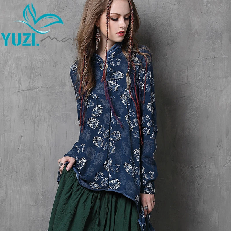 Blusa Feminina 2015 Yuzi осень новый урожай хлопка блузка с длинными рукавами мандарин
