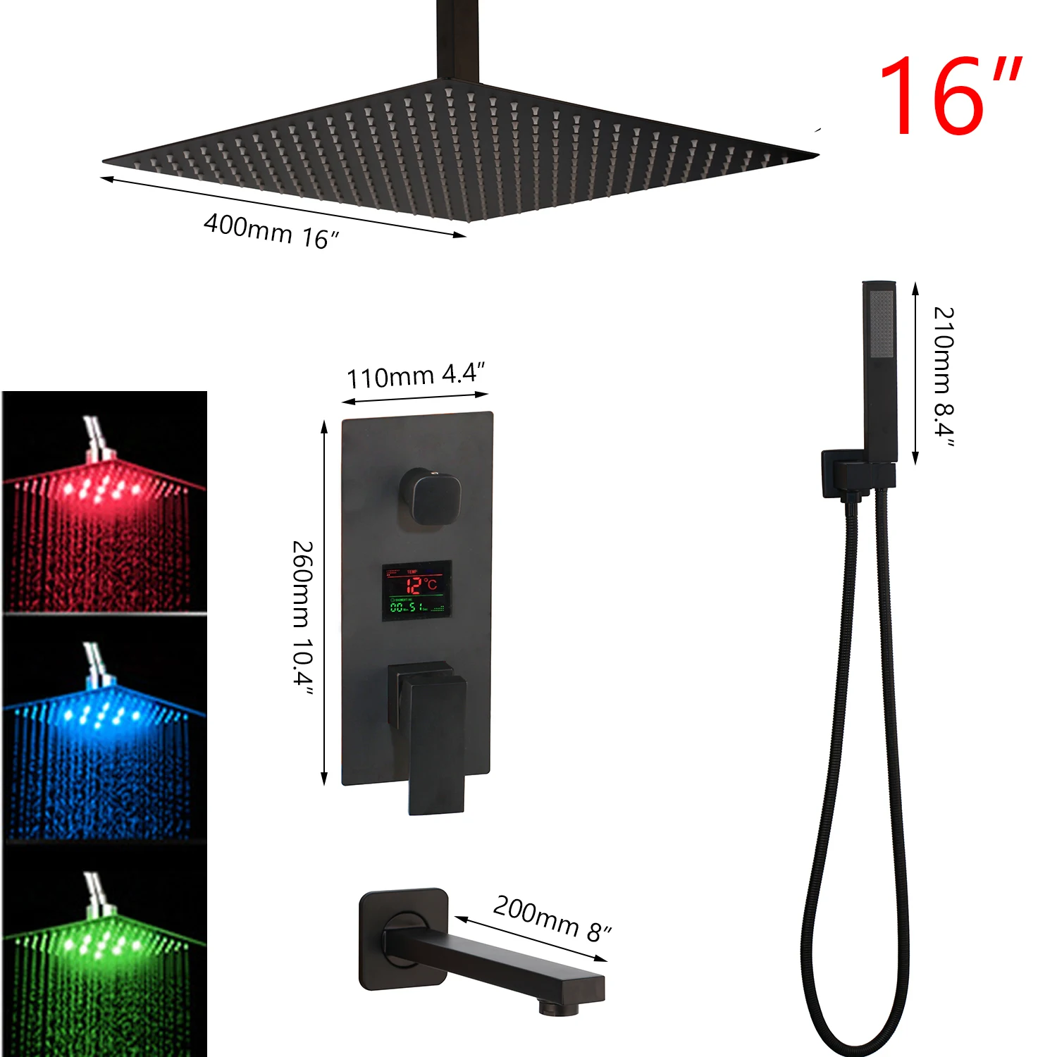 16 inch with led KEMAIDI черная латунная душевая головка с цифровым дисплеем, смесители для ванной комнаты, смеситель для душа, 3 функции, набор цифровых душевых смесителей - Цвет: 16 inch with led