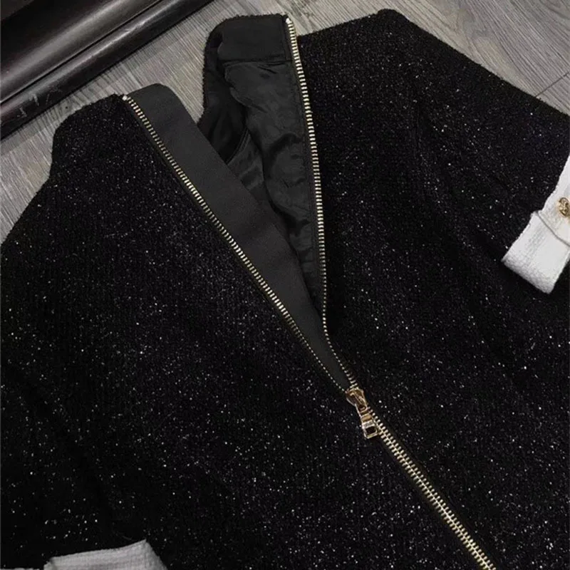 

OXANT Patchwork Feather Hem Dress Women Zipper Turtleneck Short Sleeve Single Breasted Dresses Female 2019 Autumn Fashion