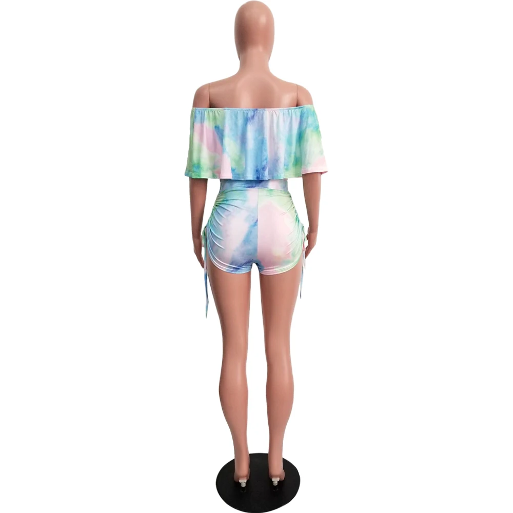 Tsuretobe, сексуальный комбинезон с принтом Tie Dye, с вырезом лодочкой, Женский Повседневный комбинезон с оборками, с открытыми плечами, облегающий, бандажный, вечерние, боди, наряд