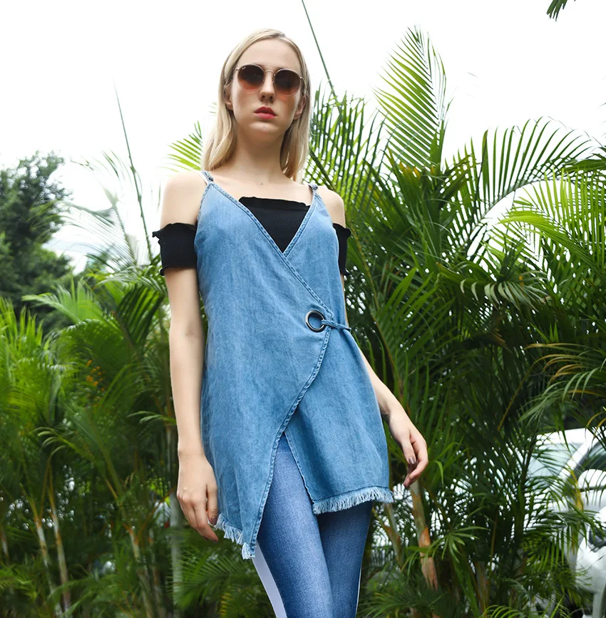 Асимметричные джинсовые платья LOGAMI с V-образным вырезом женское платье-рубашка