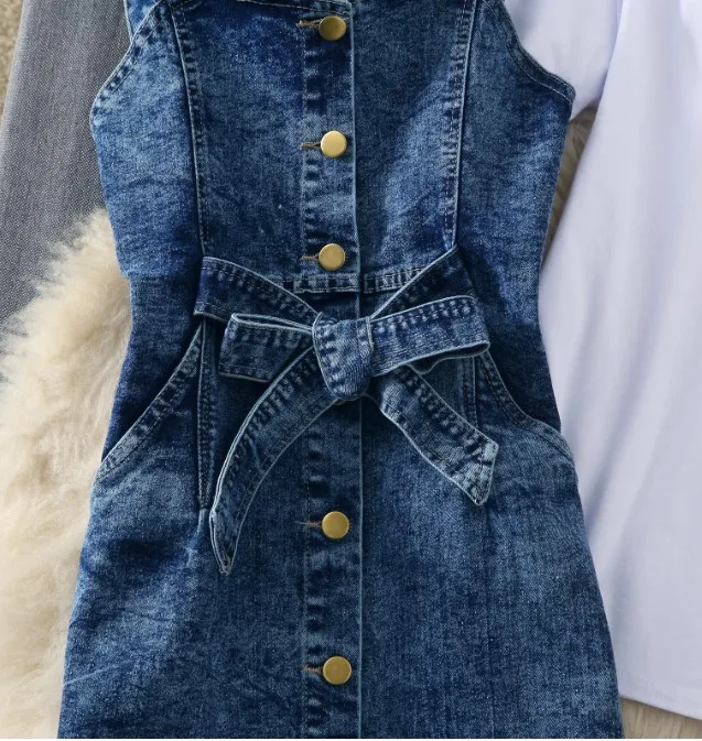 only jeans dress Г., новая весенне-летняя простая белая футболка для девочек-школьниц+ однобортное джинсовое платье на бретелях комплект из двух предметов, женское платье - Цвет: only jeans dress