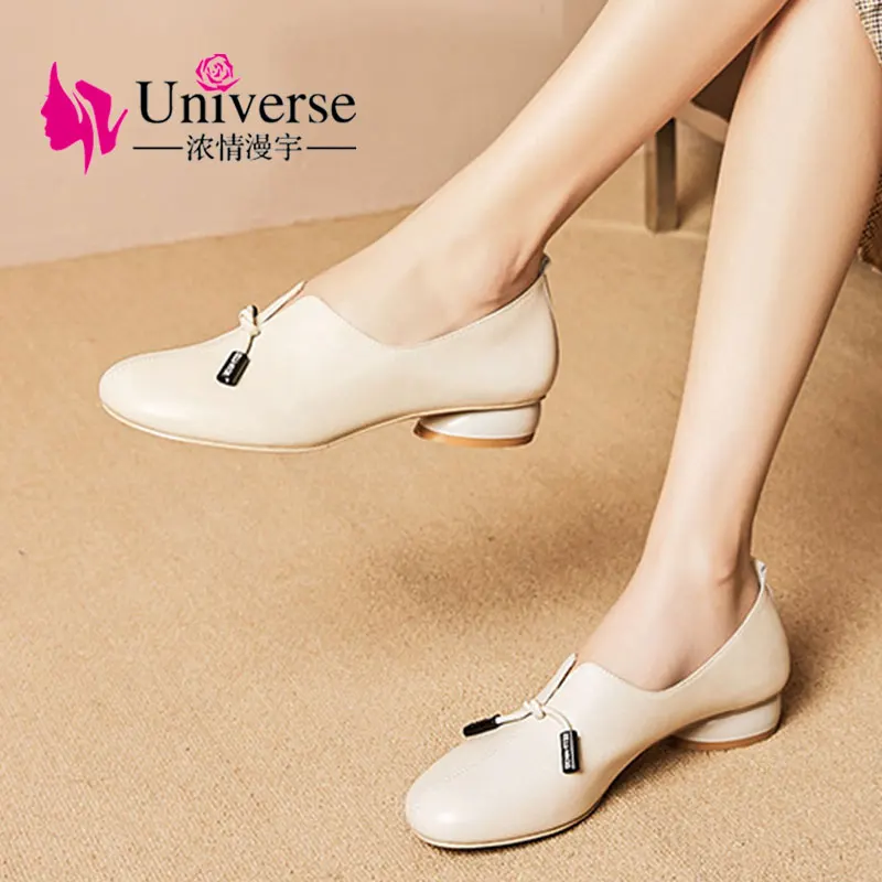 

Universe Basic Genuine Leather Ladies Pumps Women Heel High 4cm Quality Ladies Leather Office Shoes Round Toe Med Heels J079