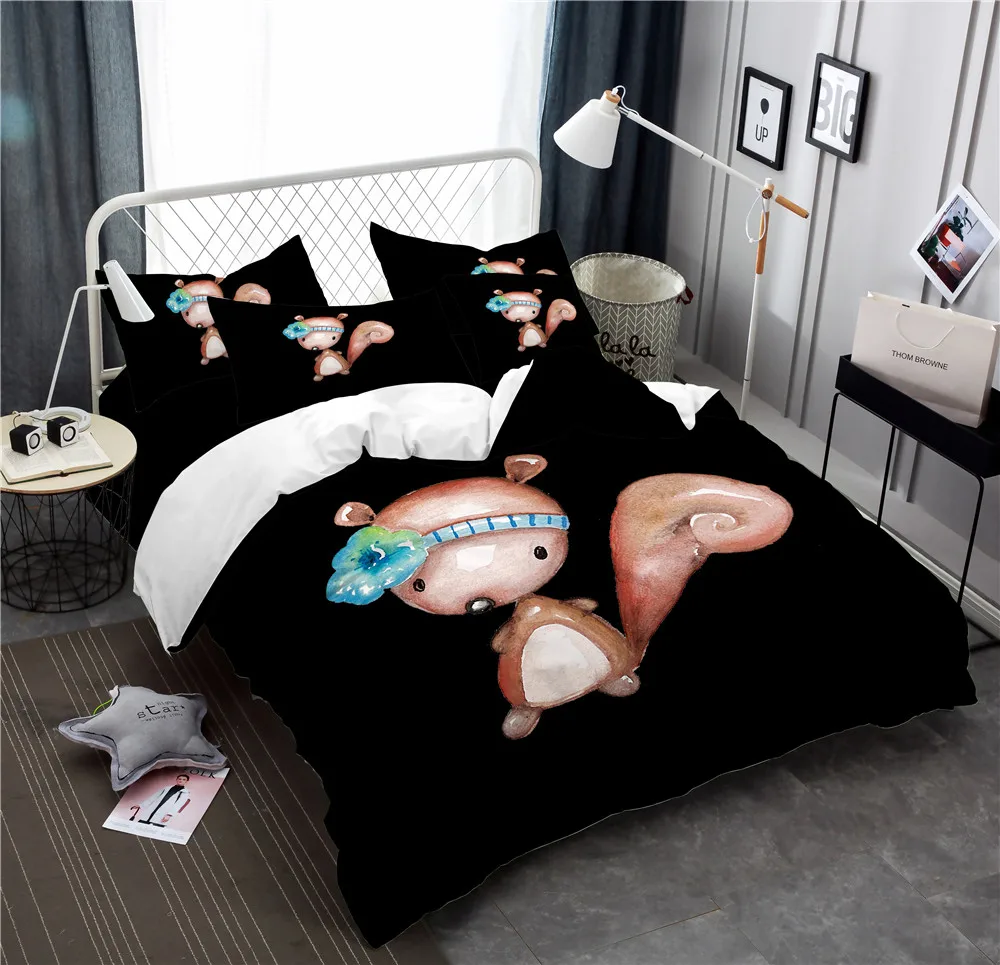 Cartoon Squirrel Print Bedding Set Cute Animal Duvet Cover Blue Flower Bed Kids Bedclothes Pillowcase Home Decor | Дом и сад