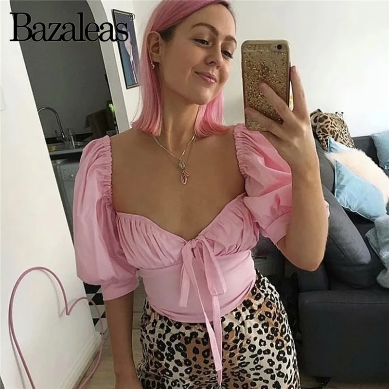 Женские топы и блузки с молнией сзади Bazaleas розовые укороченные Блузы бандажным