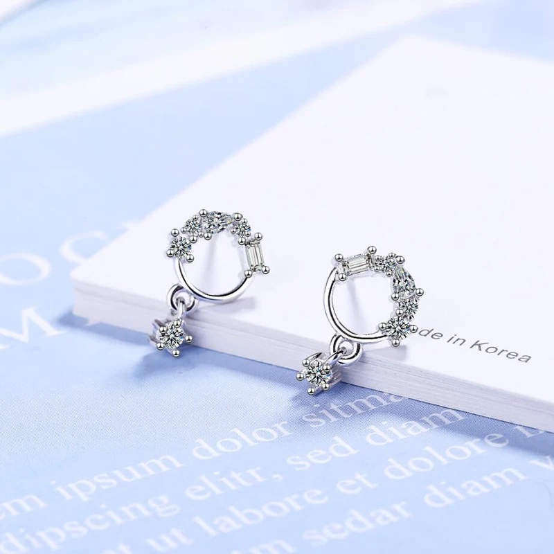 KOFSAC New 925 Sterling Silver Stud Earrings Lady Popular Zircon Circle Tassel Small Earring For Women Jewelry Party Accessories | Украшения