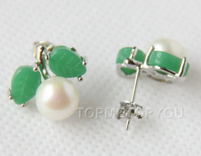 Красивые 2 пары натурального белого жемчуга зеленый нефрит серьги-гвоздики |