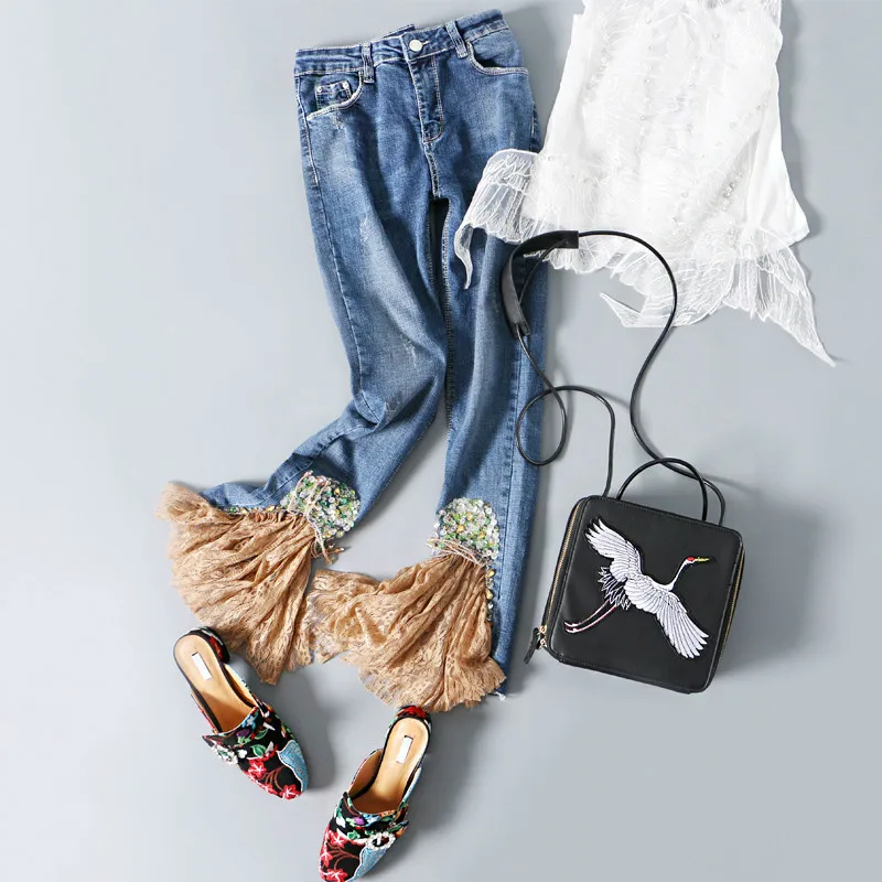 2018 женские модные кружевные комбинированные джинсы длинные узкие брюки