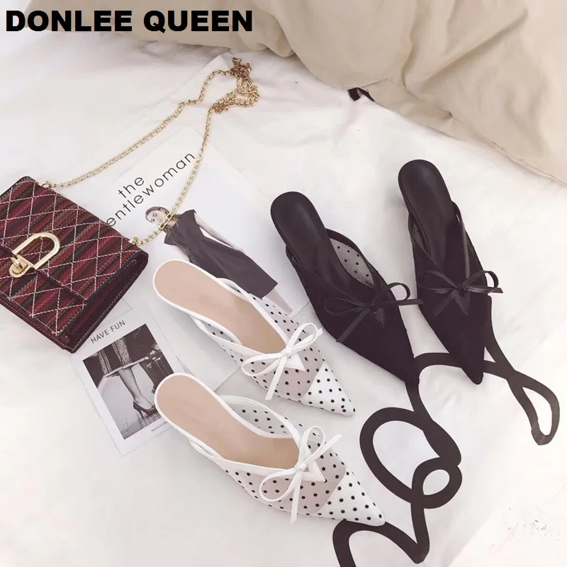 Женские туфли без задника DONLEE QUEEN модельные шлепанцы в горошек на каблуке рюмочка