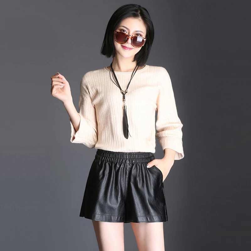 Летние женские шорты черные мотоциклетные из искусственной кожи с эластичной