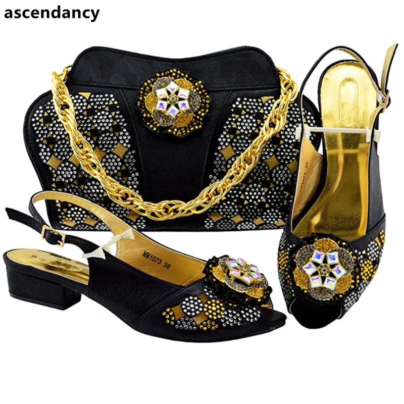 New Arrival Womens Dress Shoes Open Toe Italian and Bags To Match with Bag Set Decorated Rhinestone Low Heels | Обувь