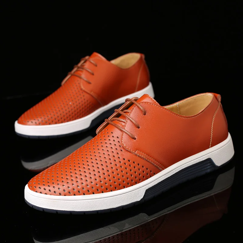 New 2019 Men Casual Leather Fashion Trendy Black Blue Yellow Shoes Summer Breathable Lace-Up Big Size 38-48 Free Shipping | Обувь