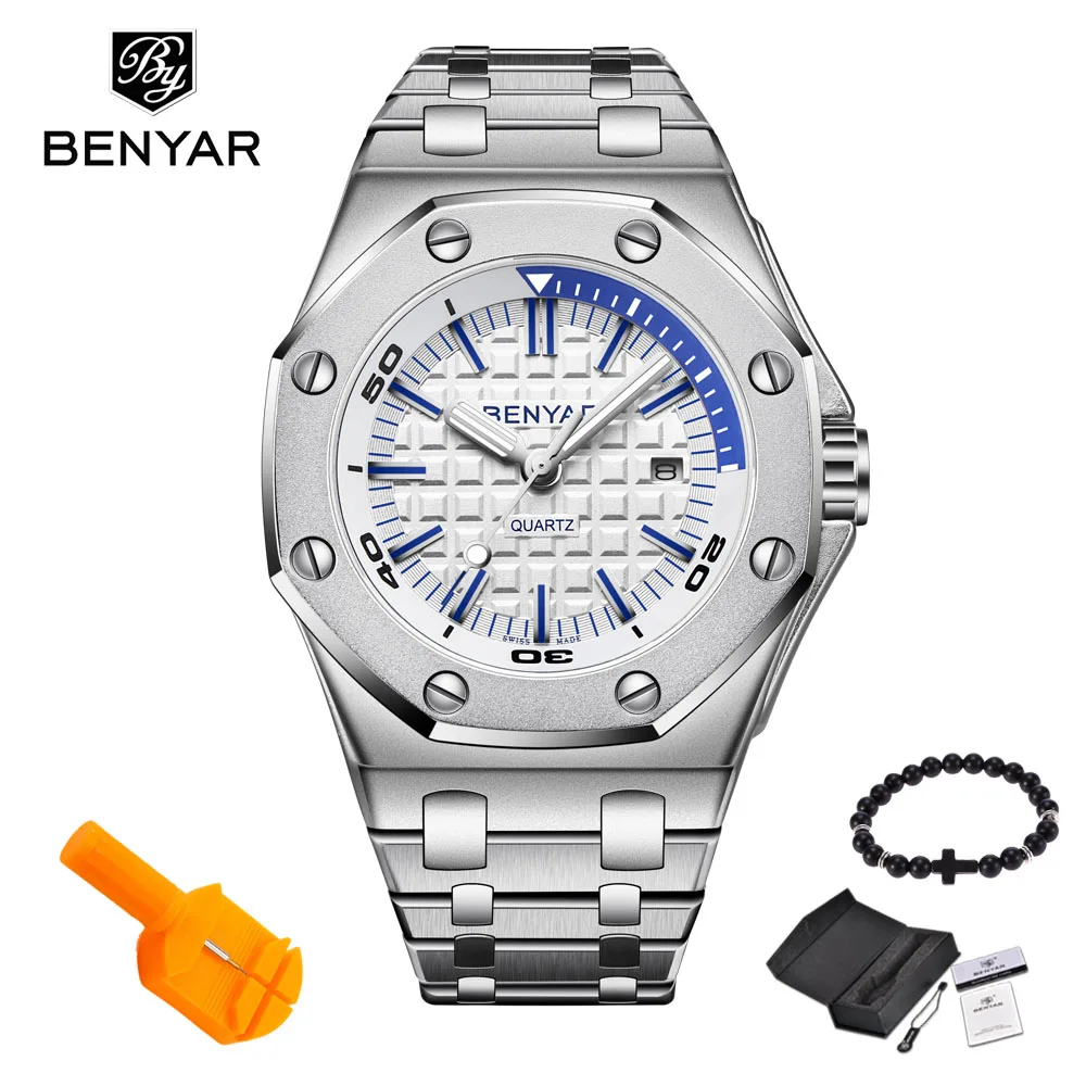 Silver white Gift Бесплатный подарок, новые модные мужские часы BENYAR, мужские брендовые Роскошные Кварцевые часы, мужские повседневные водонепроницаемые спортивные наручные часы, Relogio Masculino - Цвет: Silver white Gift