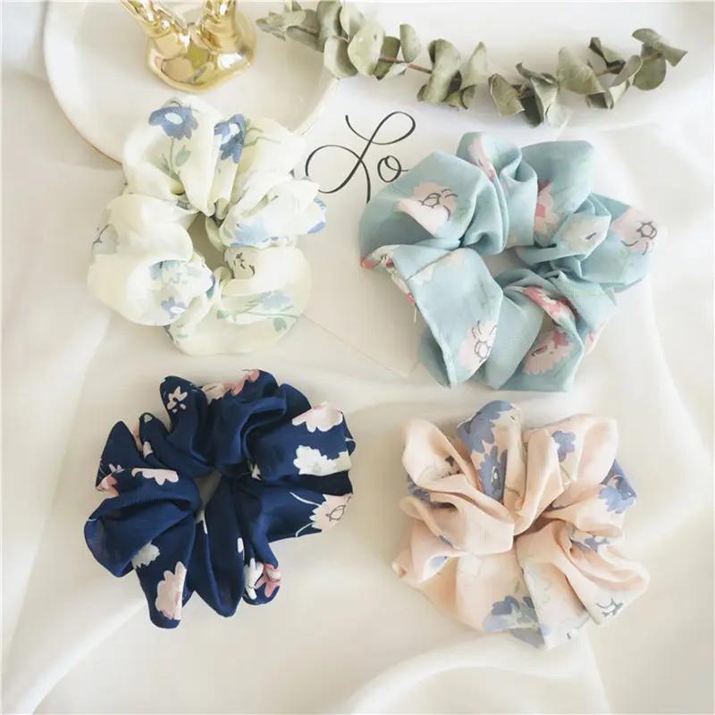 

1PCS Flamingos Floral Chiffon Scrunchies Elastic Hair Band Ponytail Holder Scrunchies Hair Rubber Band Lady Hair Accessories