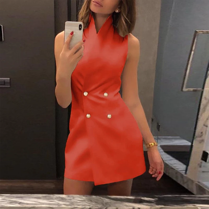 Женское двубортное короткое платье на пуговицах повседневное элегантное