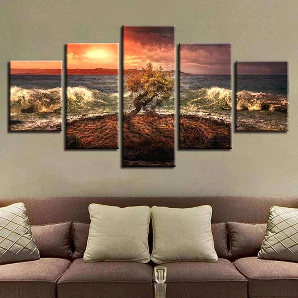 

Modern Printing Poster Modular Canvas Pictures 5 Pieces Tree Fierce Sea Water Seascape Paintings Decor For Living Room Wall Art