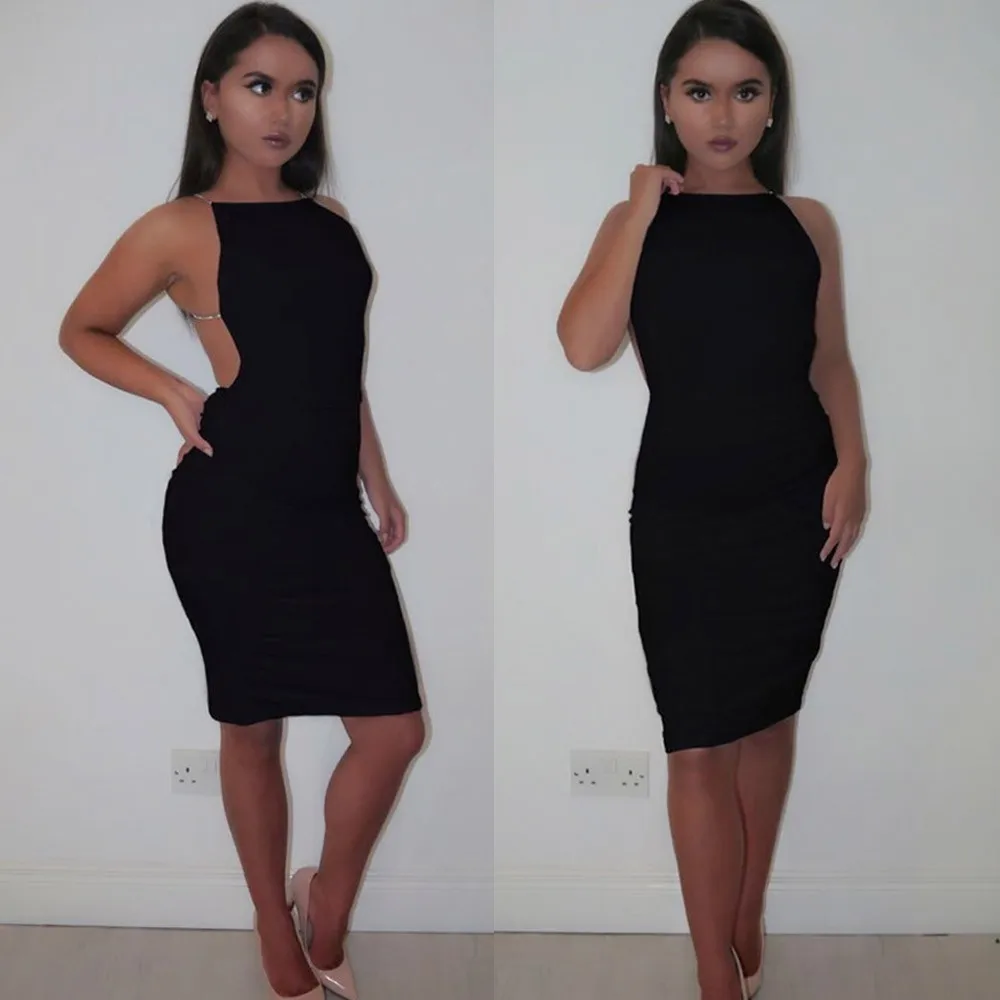 2019 best seller sexy dress 2 color solid black white ukraine women summer dresses sequin chain bodycon backless Mini | Женская одежда