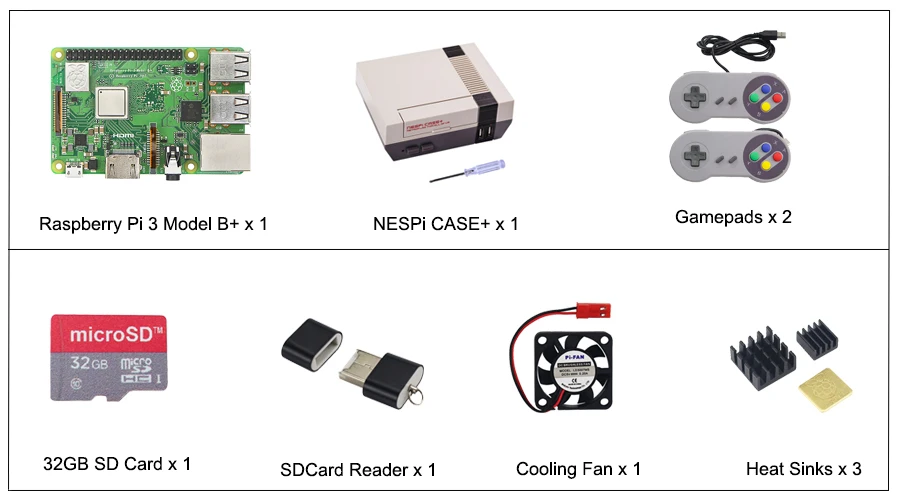 Чехол NESPi+ Raspberry Pi 3 Model B+ комплекты+ sd-карта 32 ГБ+ адаптер питания 3 А+ теплоотвод+ 2 геймпада для Retropie