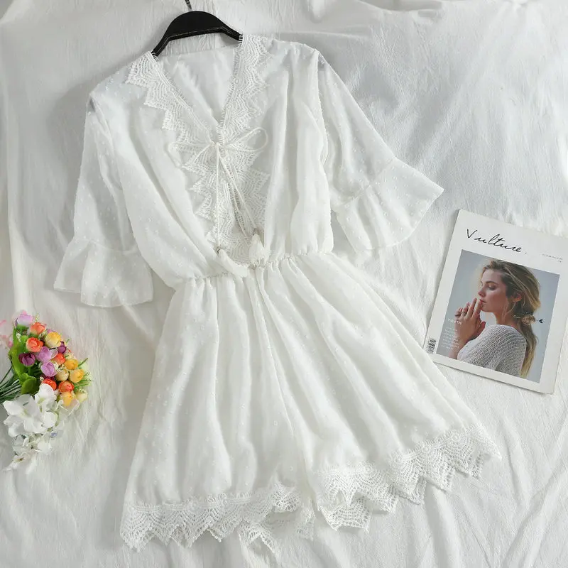 Women Playsuit Женский летний кружевной комбинезон с v-образным вырезом и оборками, винтажный эластичный Облегающий комбинезон с вышивкой - Color: Women Playsuit