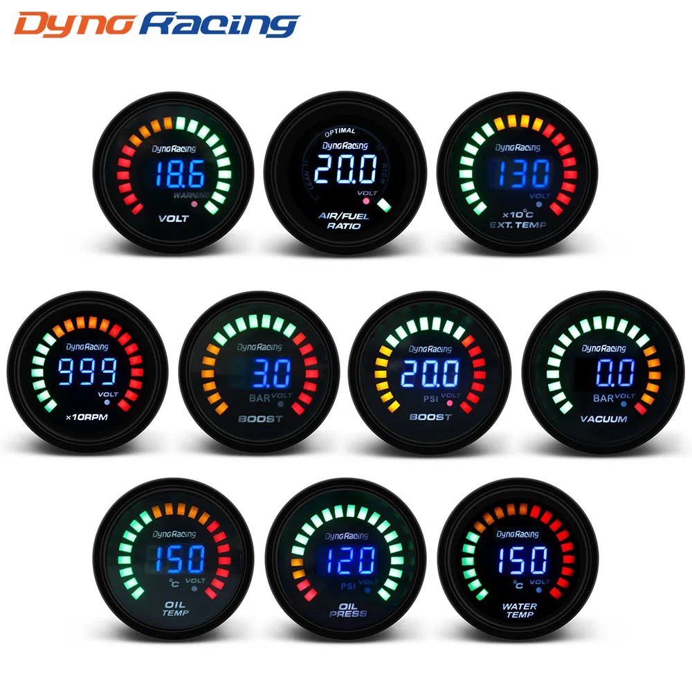 

Dynoracing 2" 52MM Digital 20 LED Boost bar psi Vacuum Water temp Oil temp Oil press Voltmeter Air/fuel ratio EGT temp RPM Gauge