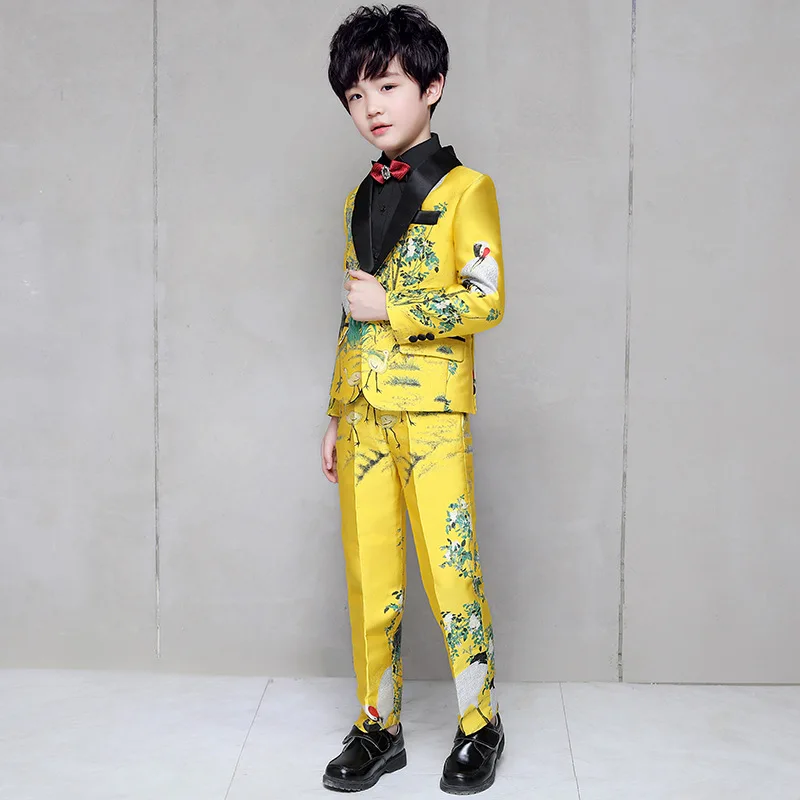 Formal Children's Dress Suits Set Handsome British Boys Piano Wedding Party Costumes Kids Embroidery Blazer Shirt Pants Clothes
