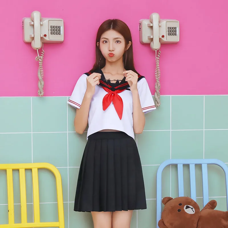 UPHYD Лидер продаж Kawaii школьная форма S-XXL матросские Костюмы топ+ юбка+ галстук для девочек-подростков японское аниме униформа - Цвет: Short Sleeve Set