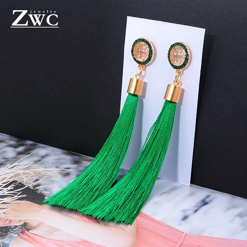 ZWC, Модный кристалл, Длинная кисточка, висячие серьги для женщин, женские богемные Этнические красные и черные Ювелирные серьги с бахромой оптом - Окраска металла: GreenB