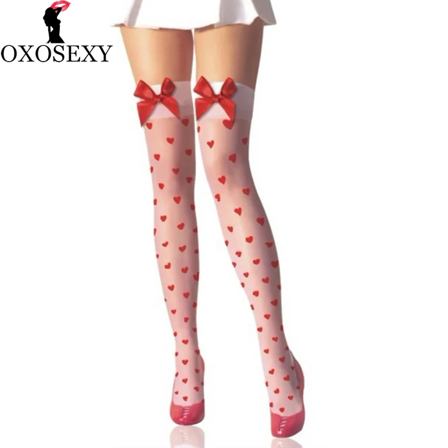 

White Black Big Bow Love Heart Women Sexy Stockings Sweet Thin Thigh High Stockings Over Knee Long Stocking Sexy Lingerie 359