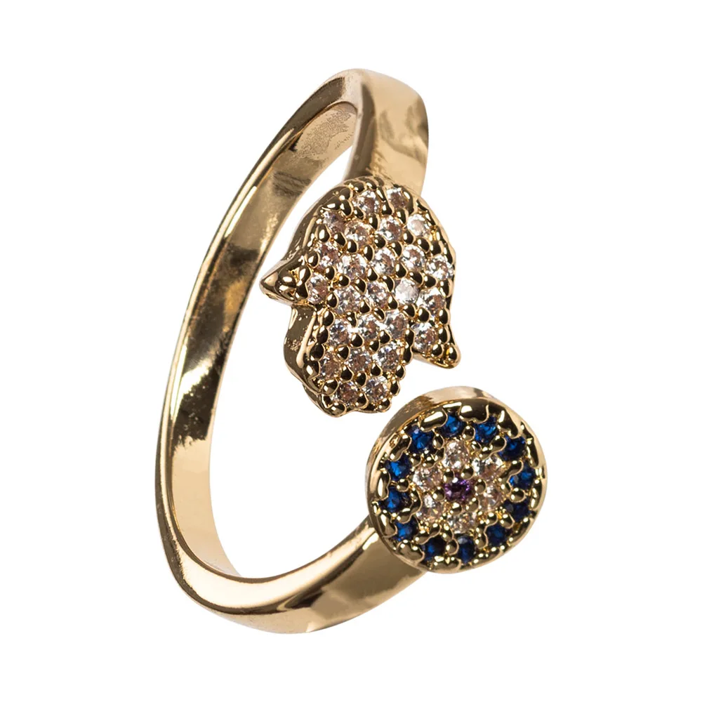 gold Lucky Eye Hamsa ручные кольца Evil Eye открытое медное микро кольцо с фианитами для женщин Ювелирное Украшение регулируемое кольцо EY5177 - Цвет основного камня: gold