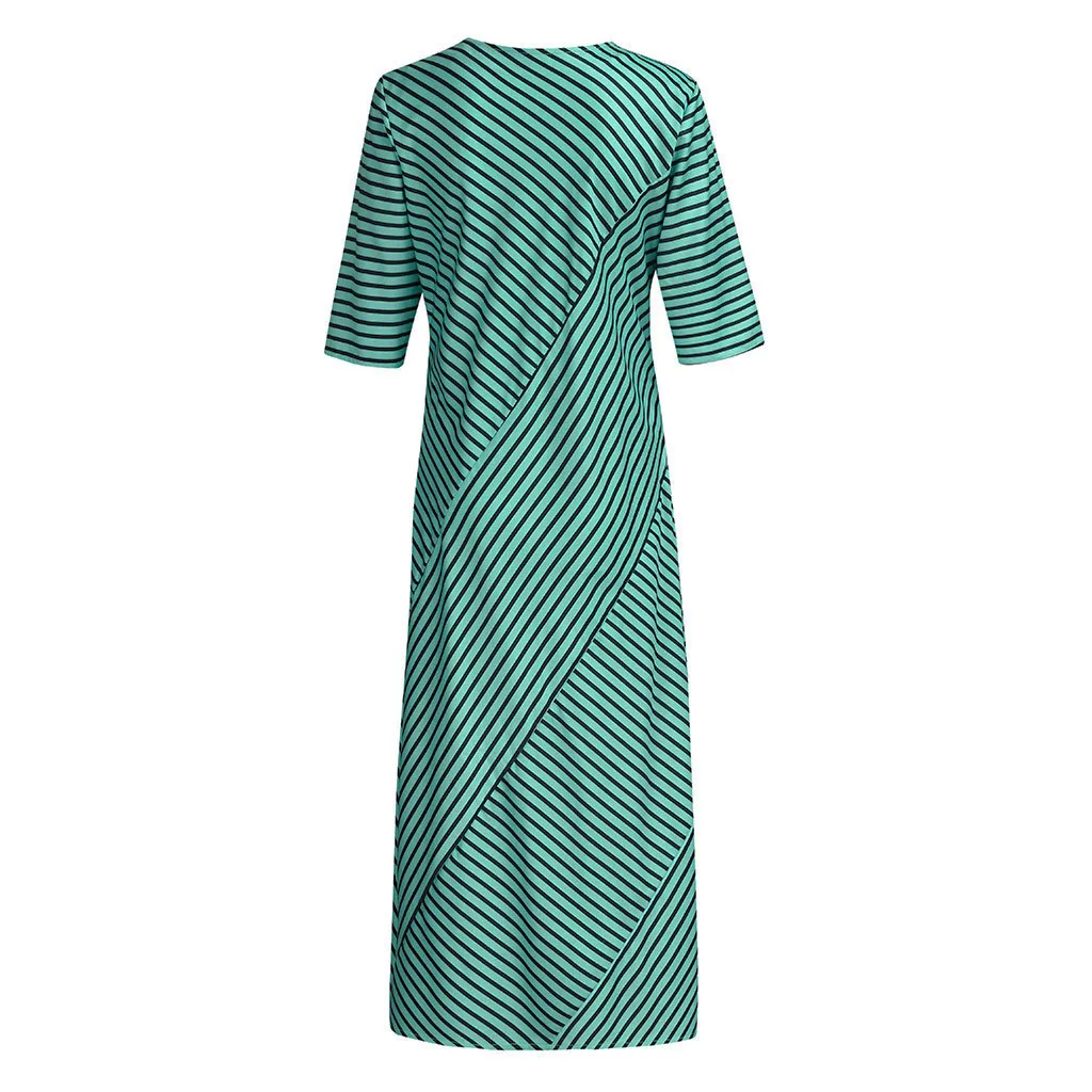 Ladies Casual Round Neck Striped Print Loose Half Sleeve Long Dress Summer Outdoor Fashion Split Large Size Maxi Plus | Женская одежда