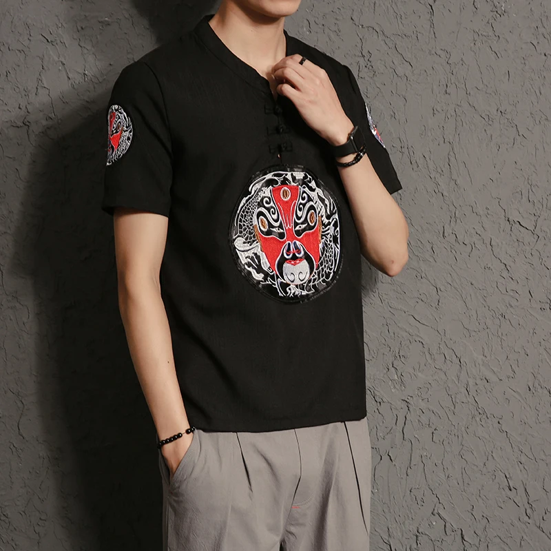 Мужская льняная футболка с короткими рукавами и вышивкой в китайском стиле на