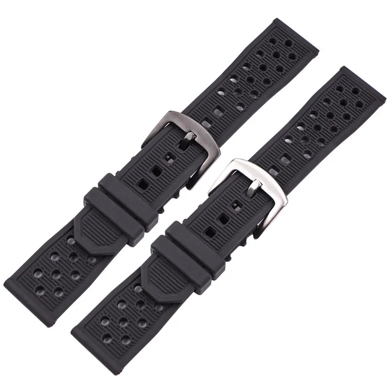 Silicone Watchbands Black Waterproof Soft Rubber 22mm Watch Band Strap Watch Accessories 316l Steel Buckle