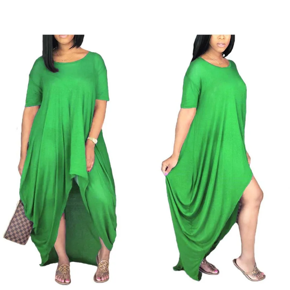 HAOOHU Sexy Long Dress Women Summer New O-Neck Short Sleeve Robe Casual Loose Solid Maxi Dress Irregular Party Club Dress