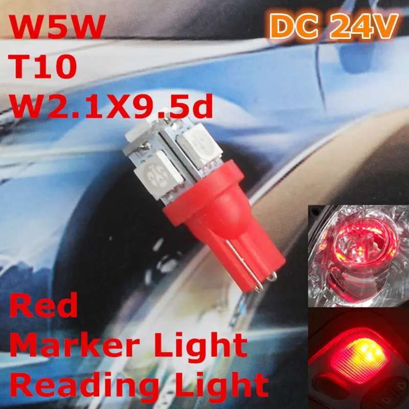 

24V LED Red Color Car Bulb Lamp T10(5*5050 SMD)W5W W2.1X9.5d for Signal Top Reading Width Light