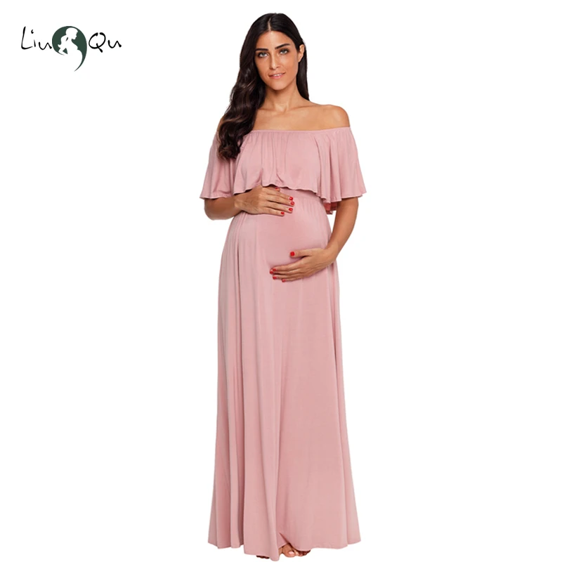 Женское платье для беременных с открытыми плечами и рюшами пляжное макси