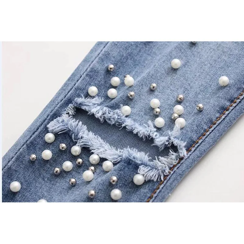 WZYCHDS Women Fashion Destroyed Ripped Blue Jeans pearled Slim Denim Pants Boyfriend 2018 New Woman Trousers |
