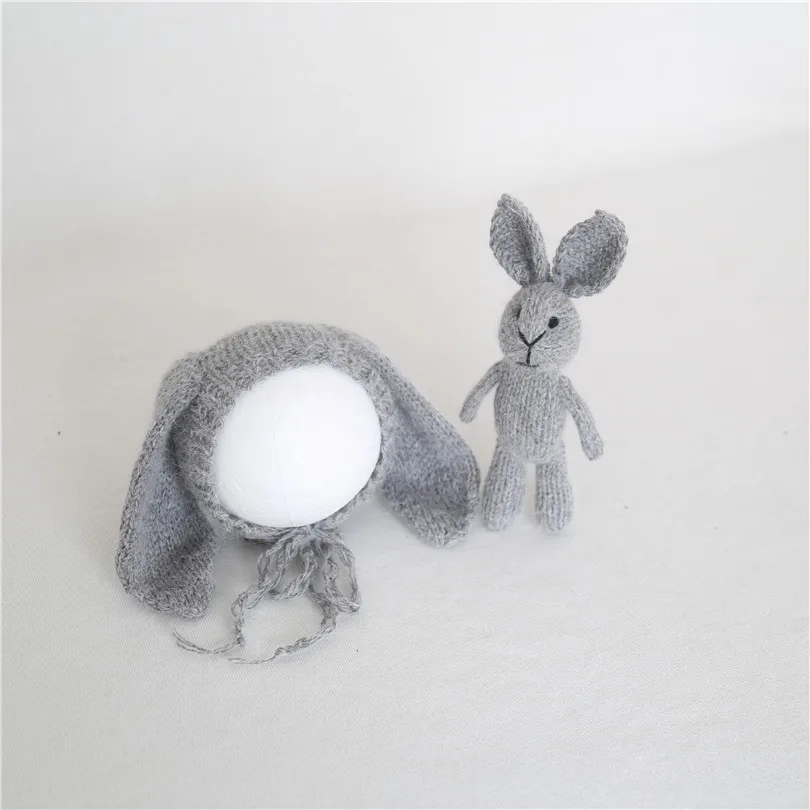 Luxury Grey Baby Boy Hat and Toy Set Fluffy Easter Bunny Hat Knitted Rabit Toy Stuffed Animal Doll Angora Newborn Bonnet Props