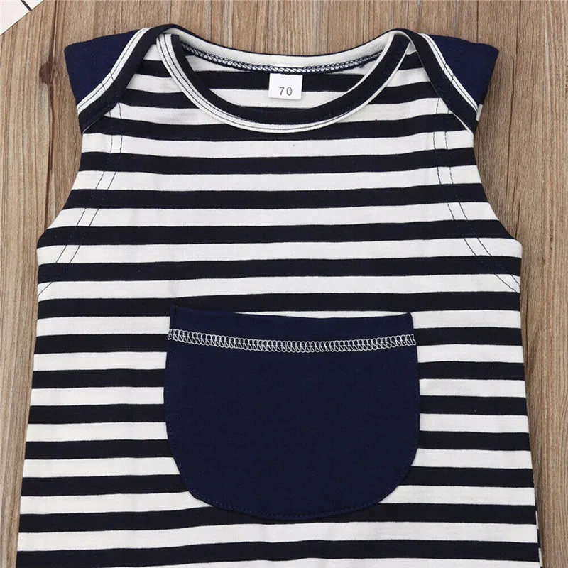 Summer Sleeveless Pocket Striped O-Neck Outfit Jumpsuit Costume Clothes Clothing Newborn Infant Toddler Baby Boy Girl Romper | Мать и