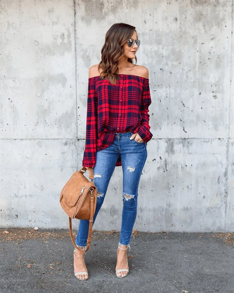 2018 Spring Autumn Women Casual Plaid Off Shoulder Blouse Shirts Fashion Button Red Classical Long Sleeve Tops |